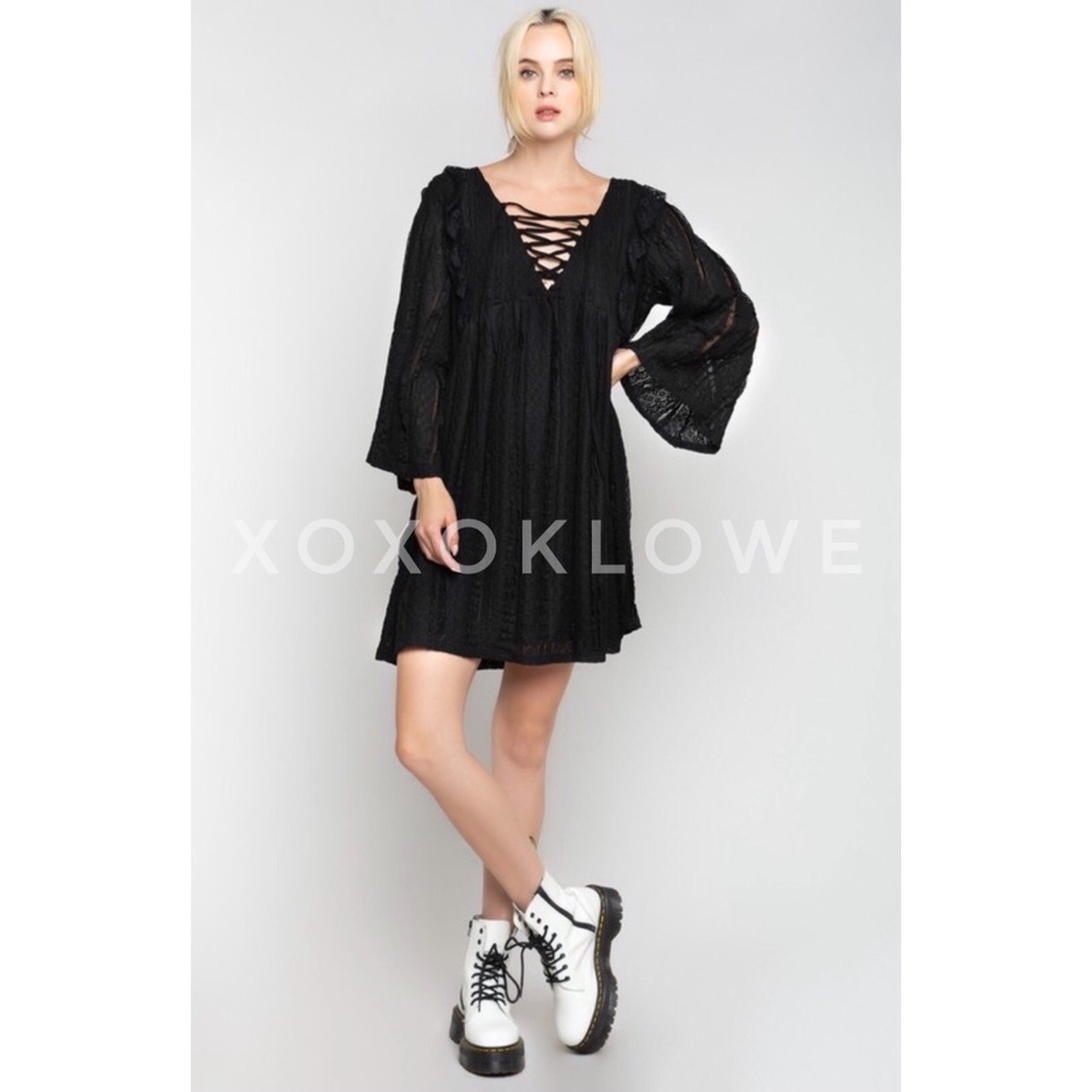 POL Black Stretch Lace Mini Dress Long Sleeves Ruffle Detail